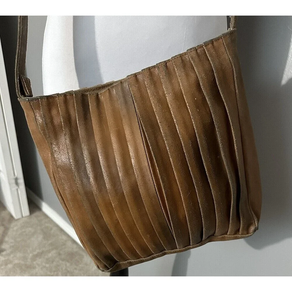 YKK Vintage Brown Leather Accordion Purse Satchel Crossbody Shoulder Bag Handbag